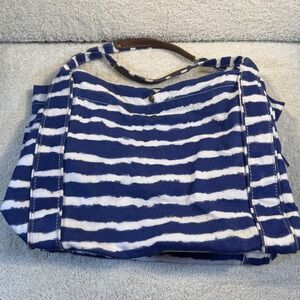 Merona Large Blue White Striped Canvas Tote Bag Leather Trim Handles Blue Lining